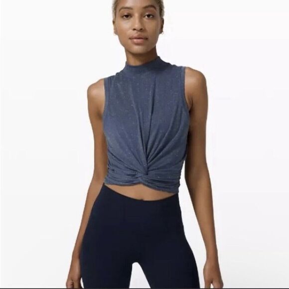Lululemon Top Size 2 Blue Tie Back Wrap Around Mock Neck Tank Time To Restore - Picture 1 of 11
